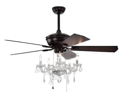52" Crystal Shade Ceiling Fan Lamp, 3 Speed, 4 Timing, 5 Reversible Blades Crystal Ceiling Fan, 5 Pieces X E12 (No Include Bulb), Hand Pull Chain - Matte Black