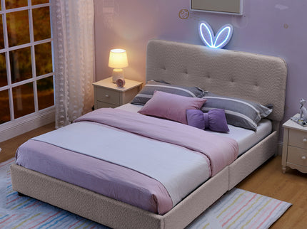 Upholstered Bed With Oversized Rabbit Ear Headboard, LED Lights & 4 Storage Drawers