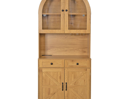 Tall Arched Pantry Cabinet With Charging Station, Adjustable Shelves, Coffee Bar