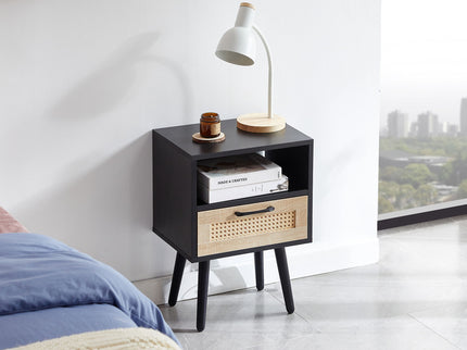 15.75" Rattan End Table With Drawer And Solid Wood Legs, Modern Nightstand, Side Table For Living Room, Bedroom