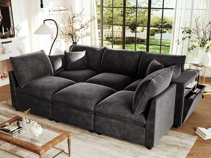 Modern Sectional Sofa U-Shaped With Movable Ottoman Storage Armrests And USB Ports