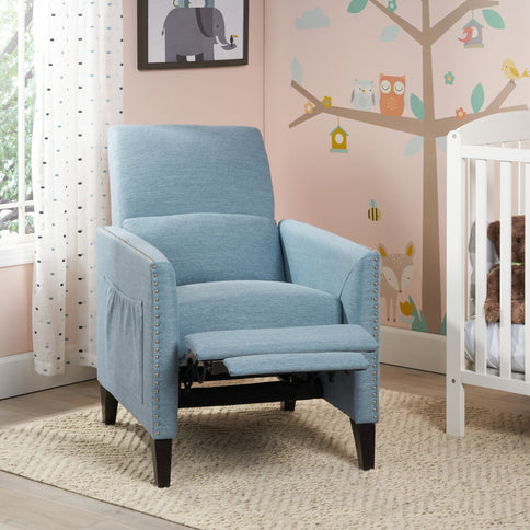 Repose Upholstered Recliner Chair With Nailhead Trim And Side Pocket - Light Blue