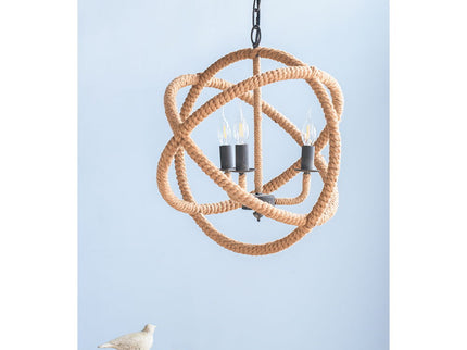 3 Light Farmhouse Chandelier, Rope Chandelier Globe Hanging Light Fixture With With Adjustable Chain For Kitchen, Bulb Not Included - Beige Brown