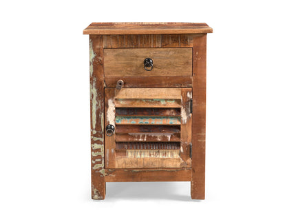 Recycled Wood Side Table With Drawer And Door - Natural