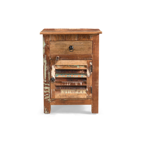 Recycled Wood Side Table With Drawer And Door - Natural