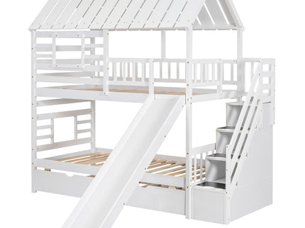 House Bunk Bed With Trundle, Storage Staircase, Roof And Window Design