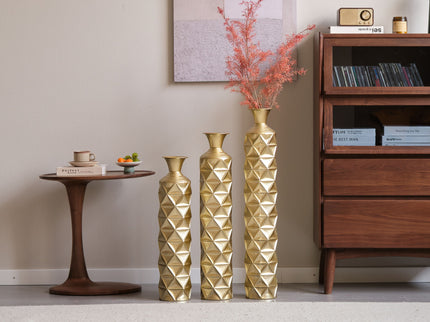 Metal Decorative Vase High Distress Metal Center Vase With 3D Triangle Pattern, (Set of 3) Vases For Home Decoration - Gold