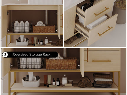 Bathroom Vanity With Vessel Sink Accent Free Standing Cabinet - Ameican White Oak / Gold / White