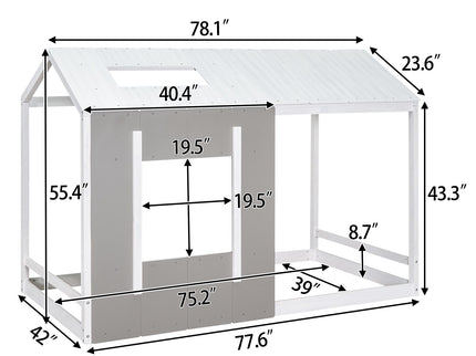 Twin Size House Platform Bed With Roof And Window - Natural / White