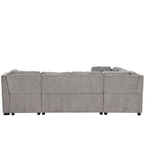 U-Shaped Sectional Sofa Pull Out Sofa Bed With Two USB Ports, Two Power Sockets, Three Back Pillows And A Storage Chaise For Living Room