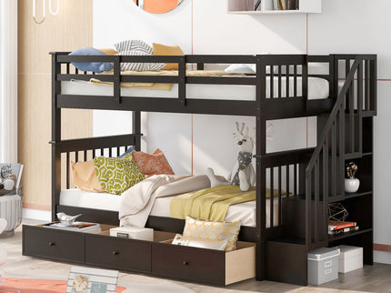 Stairway Bunk Bed With Storage And Guard Rail For Bedroom