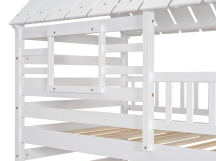 House Bunk Bed With Trundle, Storage Staircase, Roof And Window Design