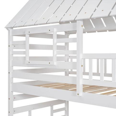 House Bunk Bed With Trundle, Storage Staircase, Roof And Window Design