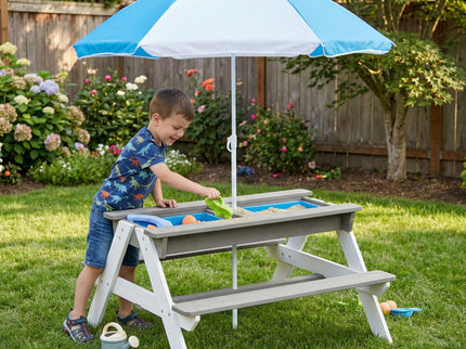 3-In-1 Kids Outdoor Wooden Picnic Table With Umbrella, Convertible Sand & Water, ASTM & CPSIA Certification
