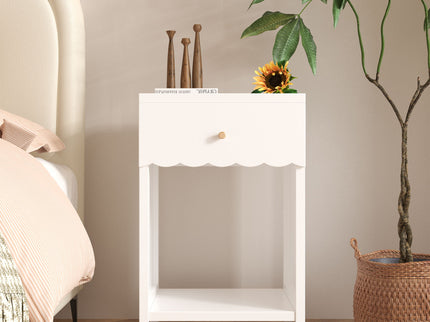 Nightstand With Drawer And Open Shelf, Scalloped Edge Bedside Table
