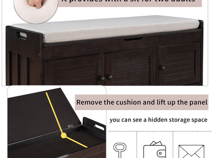 Storage Bench With 3 Shutter-Shaped Doors, Shoe Bench With Removable Cushion And Hidden Storage Space