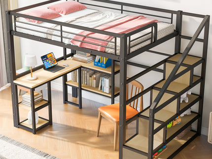 Full Size Loft Bed With Staircase, Built In Desk And Shelves And Sleeping Surface - Black