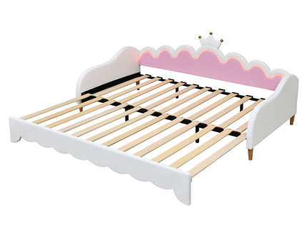 Extending Daybed With LED Lights, Modern Upholstered Princess Daybed With Crown Headboard