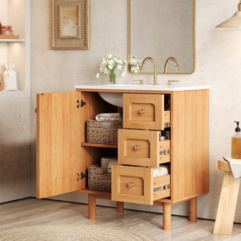 Bathroom Vanity With Sink, 3 Drawers, Soft Close Door - Natural Wood