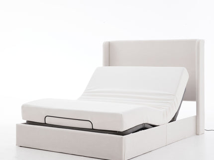 Caron - Queen Size Upholstered Wingback Bed With Adjustable Base Bundle Set - Ivory