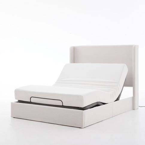 Caron - Queen Size Upholstered Wingback Bed With Adjustable Base Bundle Set - Ivory