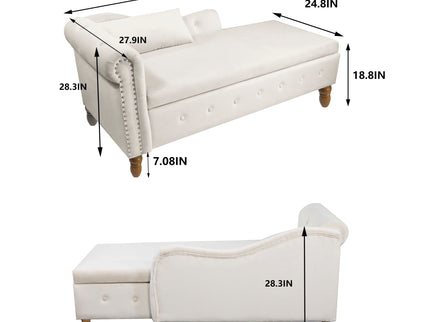 Chaise Lounge Indoor, Lounge Chair For Bedroom With Storage & Pillow, Modern Upholstered Rolled Arm Chase Lounge For Sleeping With Nailhead Trim For Living Room Bedroom Office