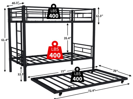 Metal Bunk Bed For Kids, Convertible Bedframe With Ladders & Guardrail