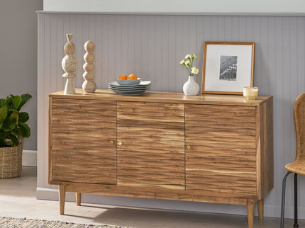 Boho Handcrafted 3 Door Sideboard, Carved Texture & Artisanal Charm - Natural