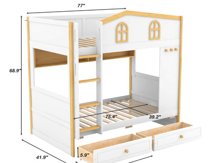 Twin Over Twin Bunk Bed With House Shaped Guardrails, Storage Shelves & Drawers - White / Natural