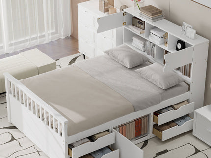 Captain Platform Bed Frame With Bookcase Headboard, 4 Drawers, Storage Shelves