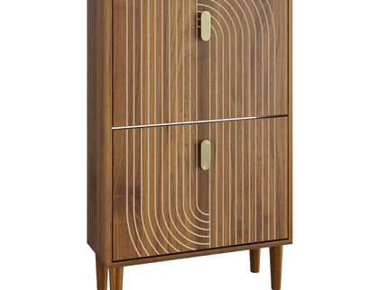 Modern Minimalist Shoe Storage Cabinet With 2 Flip Drawers And Metal Handles - Brown