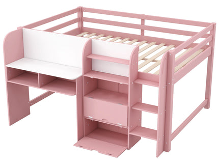 Low Loft Bed With Built In Desk, Storage Cabinets, Open Bookcase And Doodle board
