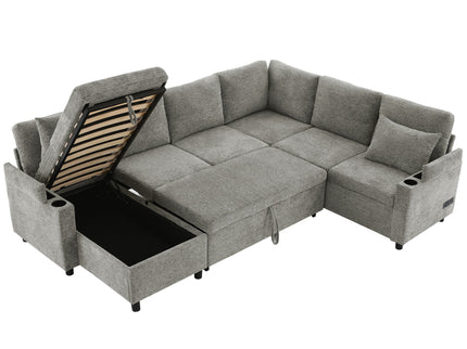 U-Shaped Sectional Sleeper Sofa With Ample Storage Space, 2 Cup Holders And Charging Ports For Living Room