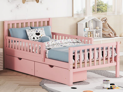 Platform Bed With Guardrails On Both Sides And 2 Storage Drawers