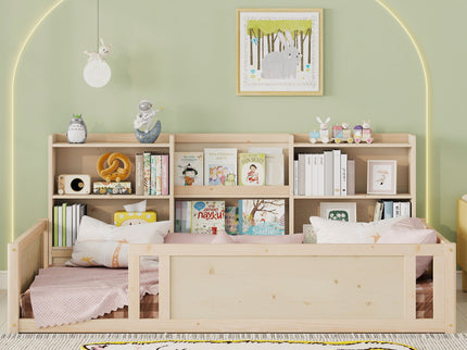 Platform Floor Bed With Guardrail Fence And Side Storage Shelves