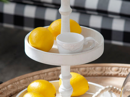 Two Tiered Round Wooden Tray - White