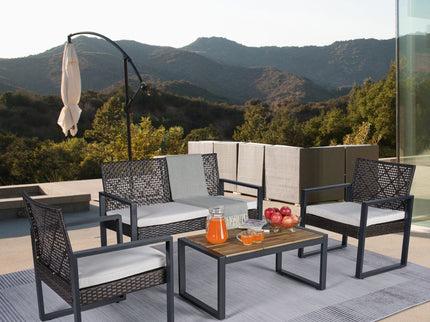 4 Piece Patio Furniture Set With Acacia Wood Table Top And Cushions
