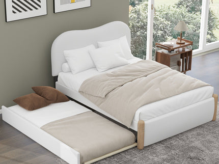Upholstered Platform Bed With Wood Supporting Feet And Trundle