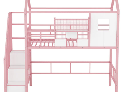 Metal Loft Bed With Roof Design And Storage Box With Guardrails And Integrated Ladder