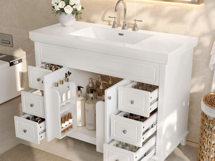 Bathroom Vanity & Sink, 6 Soft Close Drawers & Double Doors - White