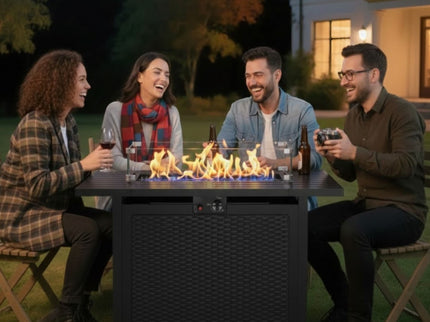Outdoor 2 In 1 Propane Fire Pit Table With Lid & Glass Shield, Rectangular Fire Table, Lava Rock & Cover - Black