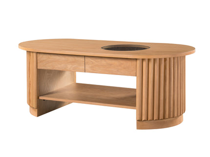 Fluted Oval Coffee Table With Drawers, 2 Tier Cocktail Table