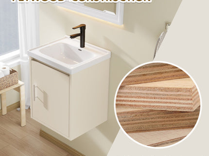 16" Floating Bathroom Vanity Combo, Wall Mounted Cabinet With Sink & Soft Close Doors For Small Bathrooms - Khaki