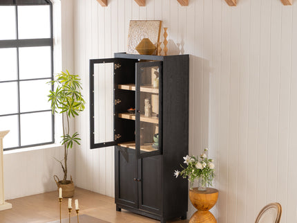 Mid Century Modern Style Tall Display Cabinet With Glass Doors For Collectibles - Black