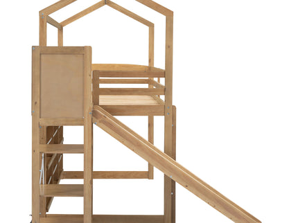 House Loft Bed With Slide, Storage Shelves And Light, Climbing Ramp