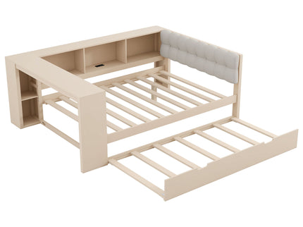 Upholstered Headboard Platform Bed With Storage Shelves, Trundle, Charging Station