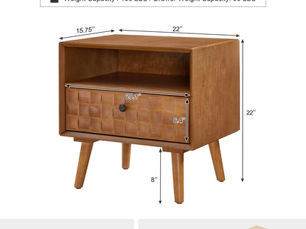Nightstand With Carved Geometric Drawer Front, 1 Drawer And Open Shelf