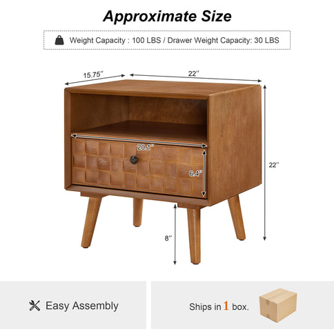 Nightstand With Carved Geometric Drawer Front, 1 Drawer And Open Shelf