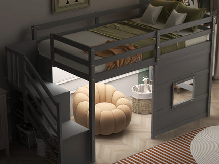 Loft Bed With Storage Staircase, Window & LED Light