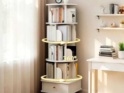 Rotating Bookshelf With Wheels And Drawer, 360° Spinning Design, Space Saving Storage